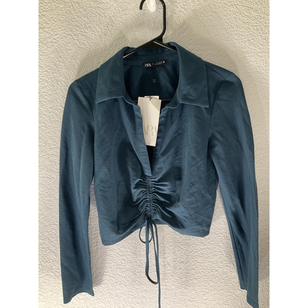 Zara Size S Turquoise Crop Top Ruched Front W/ Tie Up Strings NWT Long Sleeves